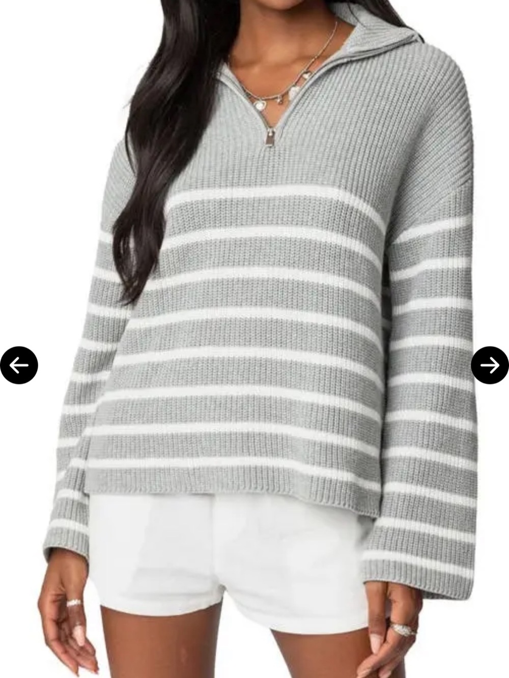 FCT With Love Striped Quarter-Zip Knit Sweater - Gray/White